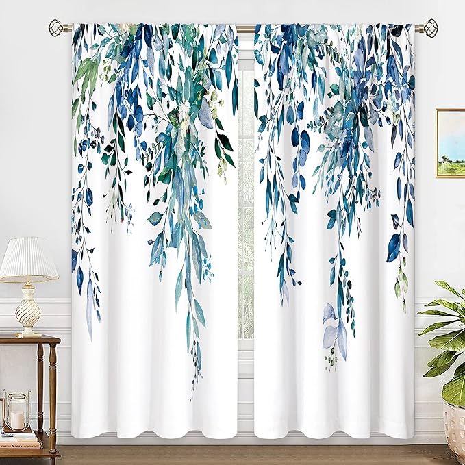Teal Eucalyptus Botanical Leaves Floral Window Curtains Blue Watercolor Turquoise Flower Plant Wildflower Farmhouse Curtain Drapes Herb Curtains for Bedroom Living Room Treatment 52Wx84H Inch