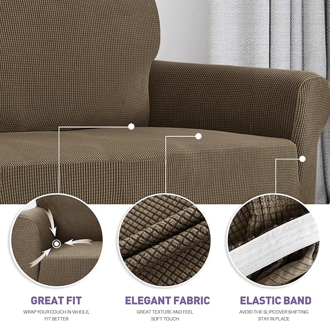 ZNSAYOTX Super Stretch Couch Cover Love Seat Sofa Covers for Living Room Dogs Pet Friendly Furniture Protector Spandex Loveseat Slipcovers with Anti Slip Foam Sticks (Brown, Loveseat)