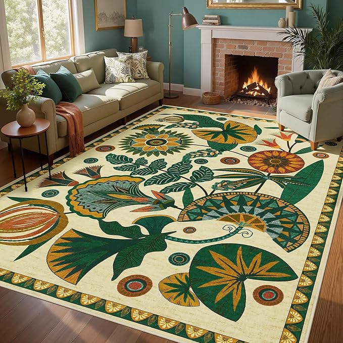Joydeco Egypt Floral Boho 9x12 Rugs for Living Room, Large Beige Washable Area Rug for Bedroom Dining Room Table, Vintage Non Slip Indoor Throw Carpet for Playroom Nursery Dorm Classroom