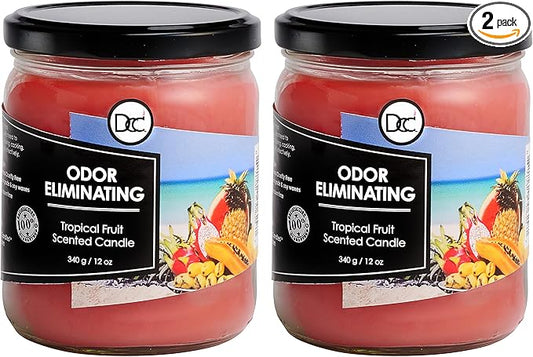 Tropical Fruit Two Pack Odor Eliminating Highly Fragranced Candle - Eliminates 95% of Pet, Smoke, Food, and Other Smells Quickly - Up to 80 Hour Burn time - 12 Ounce Premium Soy Blend
