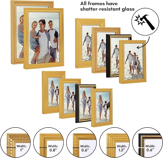Americanflat Set of 10 Vintage Gold Frames with Polished Clear Glass - Gallery Wall Frame Set with Two 8x10, Four 5x7, and Four 4x6 Antique Frames for Tabletop or Wall Display