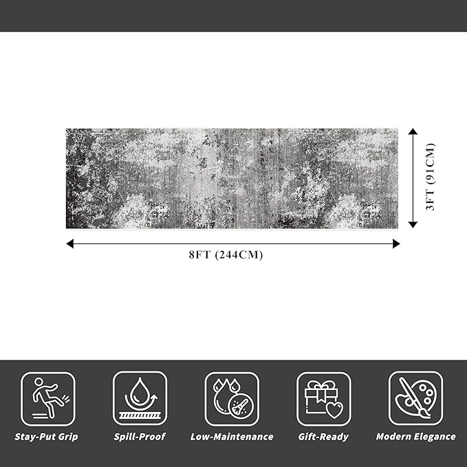3x8 Washable Hallway Runner – Non-Slip Abstract Modern Neutral Wide Carpet Runner for Kitchen Floor, Entryway, Bedroom, Living Room – Soft Low-Pile Thin Rubber Backing（Black Grey,3x8）