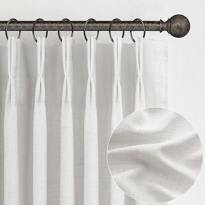 Custom 88 Inch Beige White Pinch Pleat Nursery Curtains 2 Panels Set, Light Filtering Memory Trained Thick Natural Linen Sheer Windows Drapes Privacy Neutral Curtain with Hooks & Rings for Kids Room