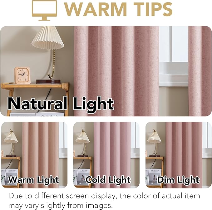H.VERSAILTEX Linen Curtains 100% Blackout Curtains for Bedroom 96 inch Long Full Light Blocking Nature Linen Blended Window Curtains for Living Room Nickel Grommet (2 Panels, Heathered Baby Pink)