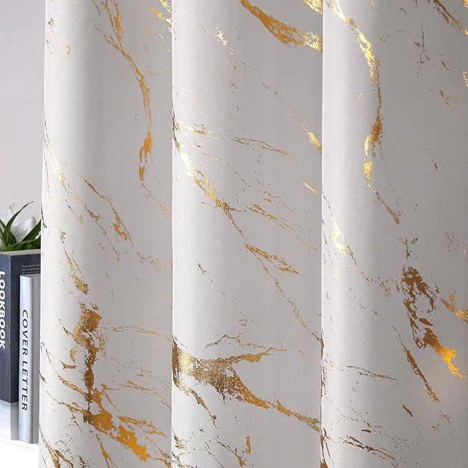 Taisier Home Gold Foil Print Linen Textured Curtains - Geometric Marble Pattern Design for Living Room - Light Filtering Window Treatment, 2 Panels, 63" L, Beige and Gold