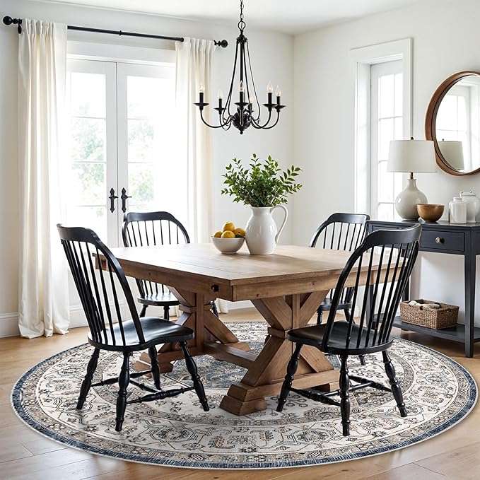 Living Room 6round Area Rugs - Boho Rugs for Living Room Stain Resistant Carpet for Bedroom Kitchen Bathroom with Non Slip Backing Home Decor Floor Decoration Mat 6ft Navy