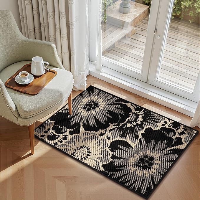 Findosom Washable Runner Rug 2x3, Non Slip High-Low Textured Floral Small Entryway Rug with Rubber Backing, Boho Carpet Runner for Indoor Door Mat, Kitchen, Bedroom, Laundry, Black & Beige