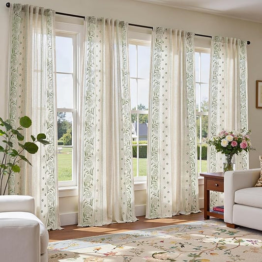 jinchan Winslow 4 Panel Curtains Set 84 Inch Length Embroidered Bordered Floral Curtains for Living Room Farmhouse Decor Light Filtering Window Treatments Sage on Beige Drapes 4 Panels