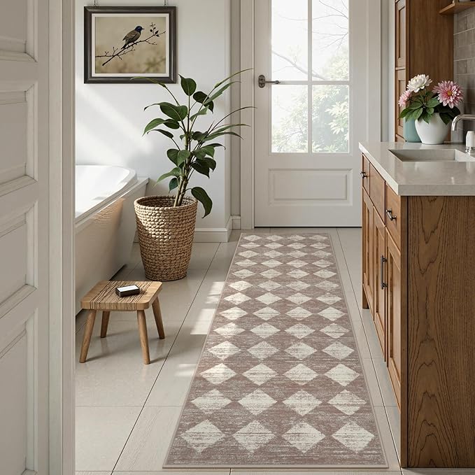 Lahome Zelie Moroccan Treills 2x8 Washable Hallway Runner Rug, Non Slip Bathroom Kitchen Carpet Runners, Checkered Modern Soft Runner for Entryway Living Room, Beige