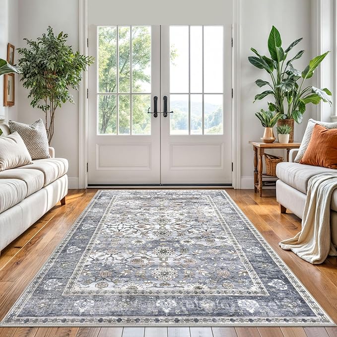 KUTA Vintage Area Rugs 5x7 Grey Blue, Washable Rugs for Living Room Ultra Thin Soft Non-Slip Printed Distressed Tribal Traditional Farmhouse Carpet for Bedroom Dining Room Dorm Office Home