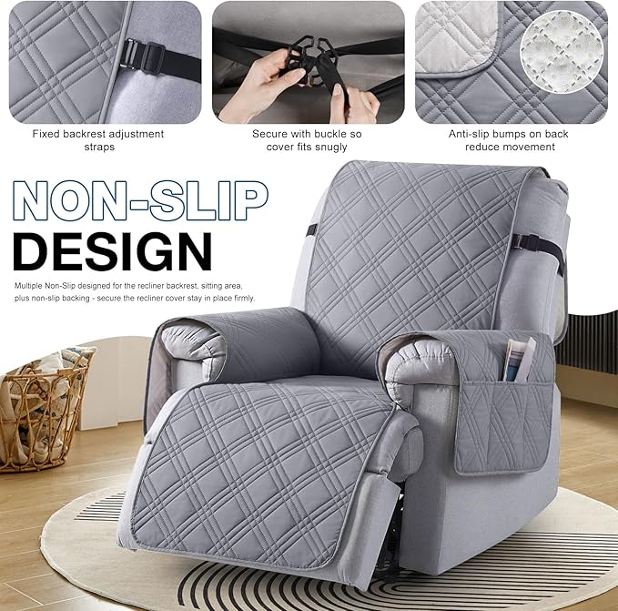 TAOCOCO 100% Waterproof Recliner Chair Cover, Non Slip Recliner Covers for Recliner Chair with Pocket, Washable Reclining Chair Cover Furniture Protector for Kids, Pets(23.6'', Gray)