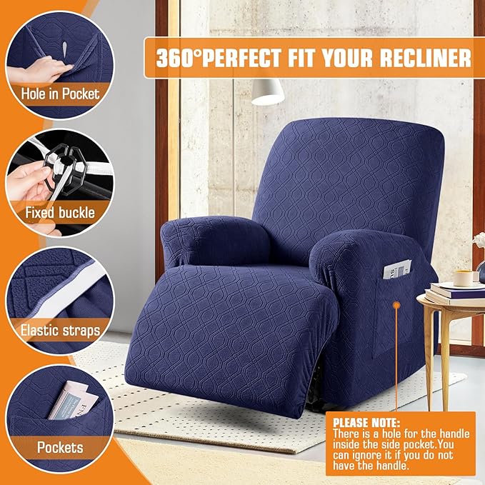 VANSOFY Recliner Chair Cover, 3-Pieces Stretch Recliner Covers for Recliner Chair Soft Reclining Chair Slipcover Furniture Protector for Dogs Cats(Navy Blue)