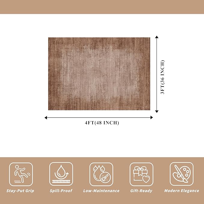 3x4 Washable Entryway Area Rug – Non-Slip Modern Abstract Small Area Rug for Kitchen, Bedroom, Bathroom – Soft Low-Pile Thin Indoor Door Mat (Warm Taupe,3x4)