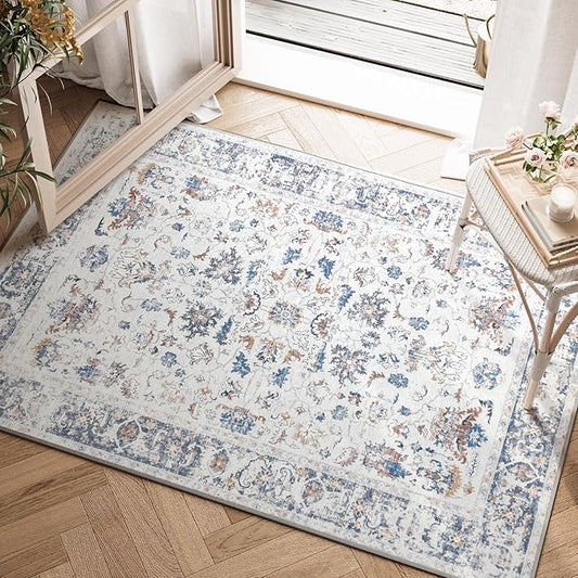 jinchan Area Rug 2x3 Entryway Rug - Washable Vintage Floral Doormat Small Door Mat Indoor Boho Lightweight Thin Non-Slip Retro Distressed Carpet for Doorway Kitchen Bathroom Bedroom Grey Multi