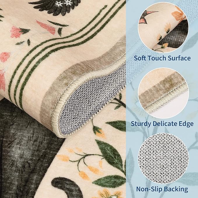 GarveeHome Cat Entryway Rug, 2x3 Mushroom Insect Beige Washable Front Door Rug Indoor Entrance Floral Carpet Non-Slip Low Pile Throw Rugs for Kitchen Floor, Powder Room, Entry, Bathroom, Kids Room