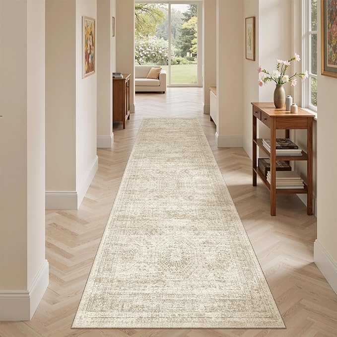 Soalmost Runner Rug 2'x8' Washable Non-Slip Runner Rugs for Kitchen Bathroom Laundry Room Beige Vintage Floor Carpet Runners for Hallway Entryway