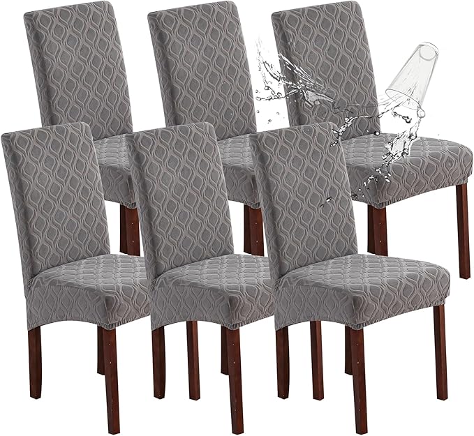 Genina Waterproof Chair Covers for Dining Room, Stretch Jacquard Dining Chair Slipcovers Removable Washable Chair Protector for Kitchen, Parsons (Jacquard-Light Gray, 6 PCS)