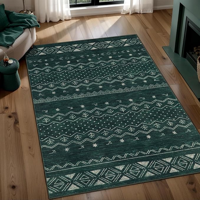 SERISSA 3x5 Area Rugs for Living Room, Washable Non-Slip Dark Green Small Boho Rug, Soft Low-Pile Geometric Indoor Throw Carpet for Bedroom Kitchen Dining Room Office