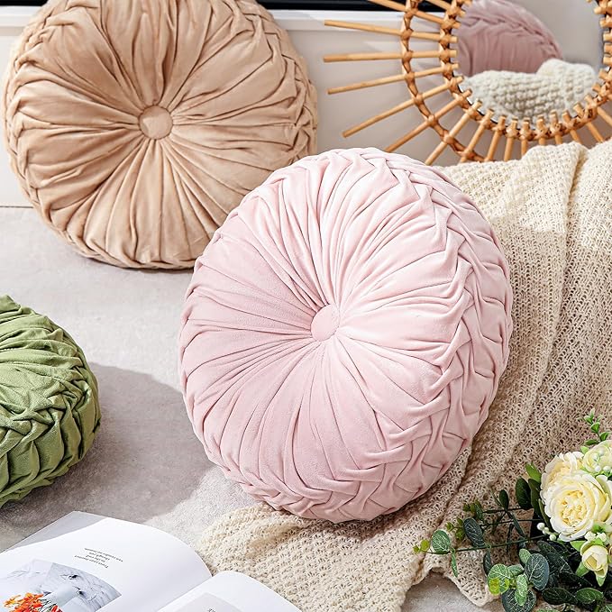 Drydiet 1 Pcs Round Throw Velvet Pillows Decorative Pleated Throw Pillows 15'' Diameter Accent Pumpkin Boho Chair Cushion for Couch Sofa Home Decoration (Pink)