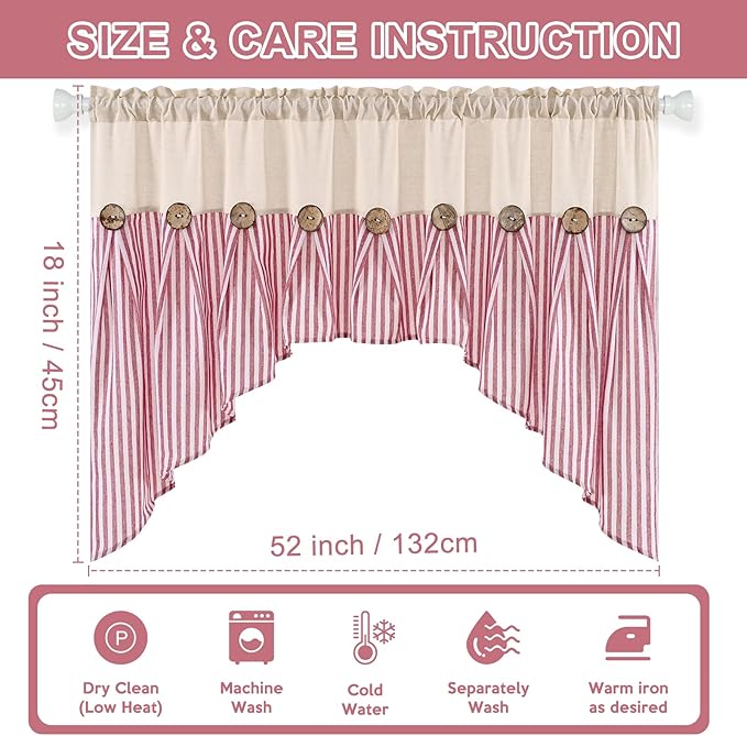 ASPMIZ Farmhouse Cotton Linen Swag Valances for Windows, Boho Rustic Kitchen Curtains Valances with Buttons, Red Striped Window Treatments Curtain Valance for Bathroom Cafe, 61 x 36 Inch, 1 Panel