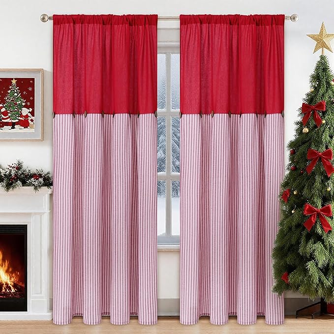 ASPMIZ Cotton Linen Curtains for Living Room, Rod Pocket & Back Tab Boho Curtains for Bedroom, Country Farmhouse Striped Curtain with Rustic Buttons, Home Decor, Red, 52 x 84 Inch, 2 Panels