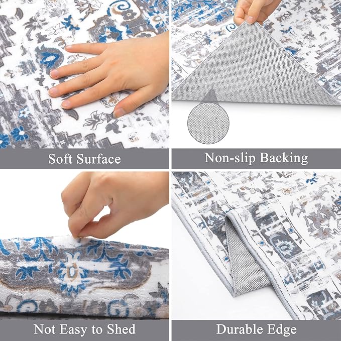 Ileading Washable Hallway Runner Rugs, 2x6 Non Slip Runners Area Rug for Entryway Kitchen Bathroom Bedroom Laundry Living Room, Long Narrow Low-Pile Floor Carpet Boho Vintage Throw Mat for Kids Room ﻿