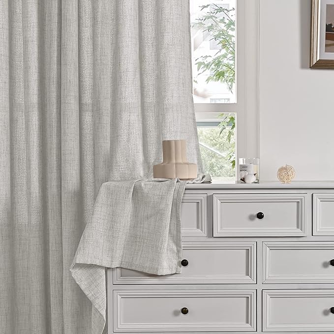 YoungsTex Extra Long Linen Curtains 108 Inch Length for Living Room, Light Grey Drapes Light Filtering with Bronze Grommet Privacy for Bedroom Floor Length, 2 Panels, 52 X 108 Inch