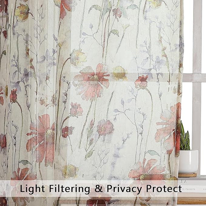 OWENIE Crushed Sheer Curtains Kitchen Tiers 36 Inch Length 2 Panels, Printed Design Small Window Half Curtains for Bathroom Cafe Bedroom Cupboard Living Room, Short Light Filtering Curtain, 42"x36"