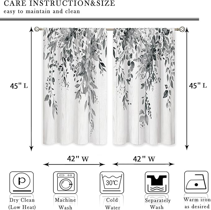 Farmhouse Wooden Grey Eucalyptus Botanical Leaves Floral Window Curtains Rustic Flower Plant Wildflower Farmhouse Curtain Drapes Herb Curtains for Bedroom Living Room Treatment 42Wx45H Inch