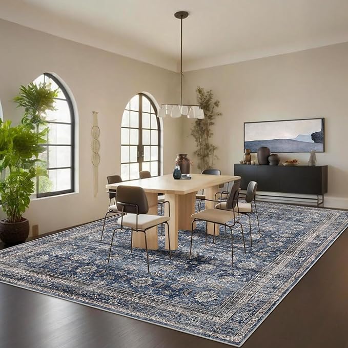 GarveeHome 10x13 Washable Vintage Area Rug Stain Resistant Non-Slip Large Indoor Carpet Non Shedding Soft Low-Pile Carpet Foldable Distressed Retro Floor Mat for Bedroom Living Room Denim