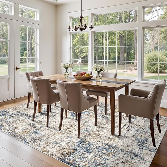 9x12 Washable Living Room Rug – Neutral Modern Abstract Large Area Rugs for Bedroom, Dining Room, Office – Soft Non-Slip Low-Pile Thin Stain-Resistant Indoor Carpet (Blue Brown)
