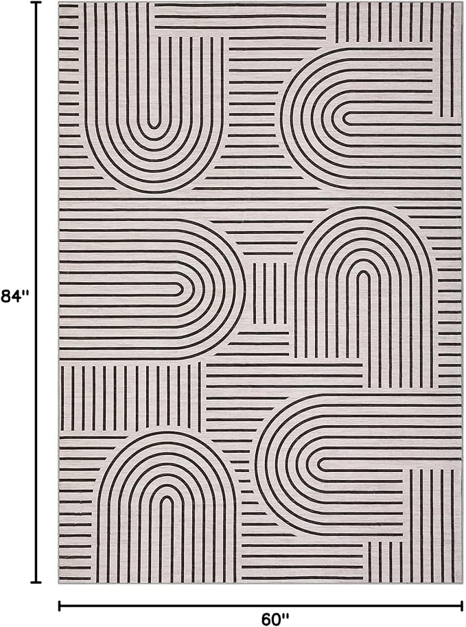 ROYHOME Washable Rug 5x7 Area Rugs for Living Room, Abstract Rug for Bedroom, Soft Rainbow Non Slip Rugs with Rubber Back, Low Pile Stain Resistant Boho Geometric Carpet for Dining Room, Light Camel