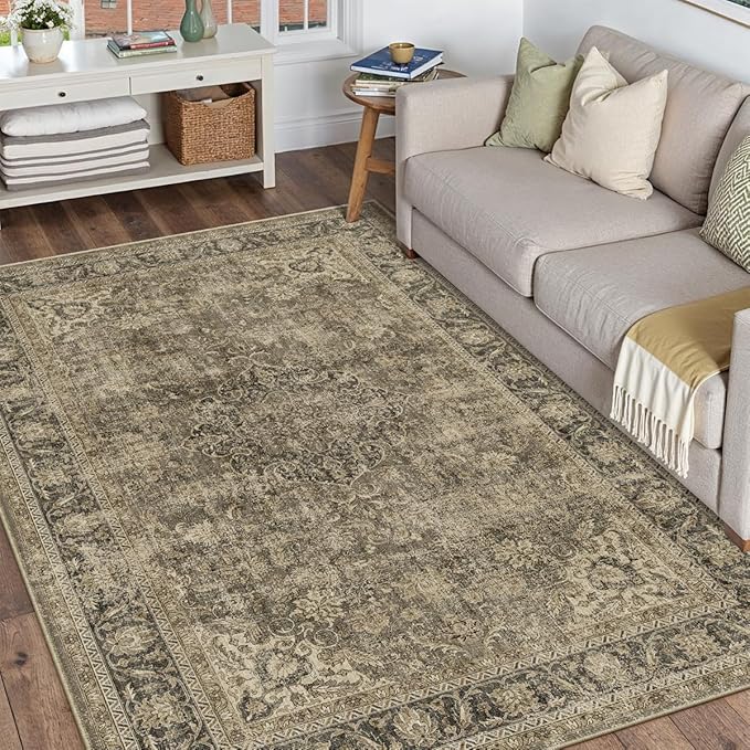 5x7 Washable Area Rug Brown Vintage Non Slip Soft Medium Pile Rug for Living Room Bedroom Dining Room Office Distressed Oriental Indoor Throw Carpet for Home Decor