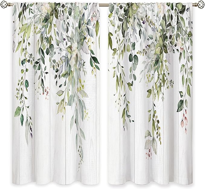 Farmhouse Wooden Sage Green Eucalyptus Leaves Window Curtains Flower Floral Botanical Plant Wildflower Curtain Drapes Herb Curtains for Bedroom Living Room Treatment 2 Panels 29Wx63H Inch