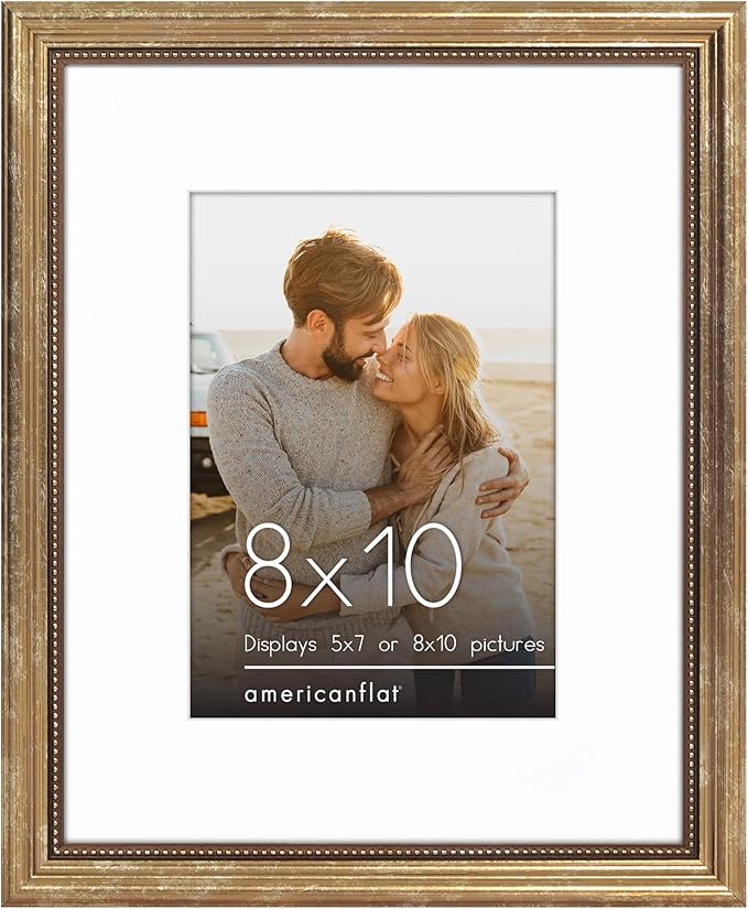 Americanflat Vintage Frames - 8x10 Picture Frame with Beaded Accents and Shatter-Resistant Glass - Use as 5x7 Frame or Display 8x10 Photos Without Mat - Heirloom Collection - Tabletop or Wall - Gold