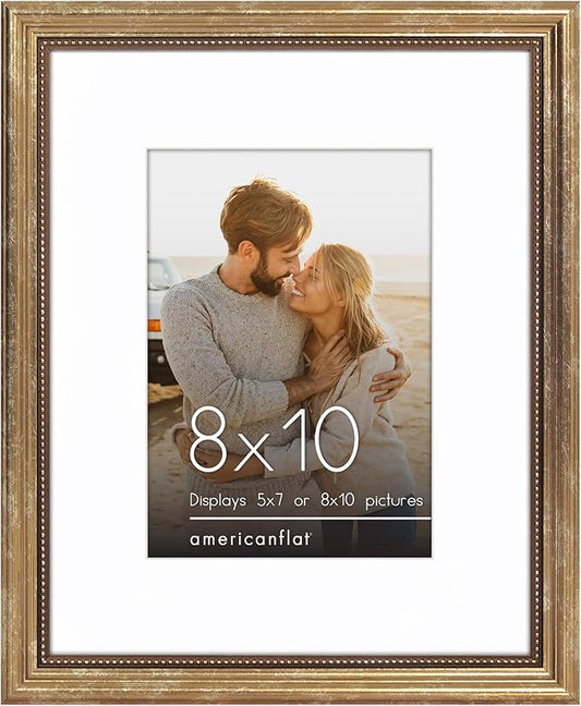 Americanflat Vintage Frames - 8x10 Picture Frame with Beaded Accents and Shatter-Resistant Glass - Use as 5x7 Frame or Display 8x10 Photos Without Mat - Heirloom Collection - Tabletop or Wall - Gold