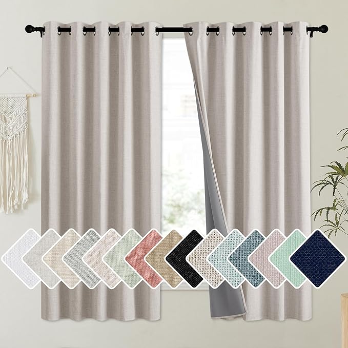 NICETOWN Brich Vintage Open Linen Weave Flax Thermal Curtains, 100% Blackout Curtains 63" Long for Dining Room, Soundproof Window Treatment Drapes for Dorm Room, 62" Wide Per Panel, Set of 2