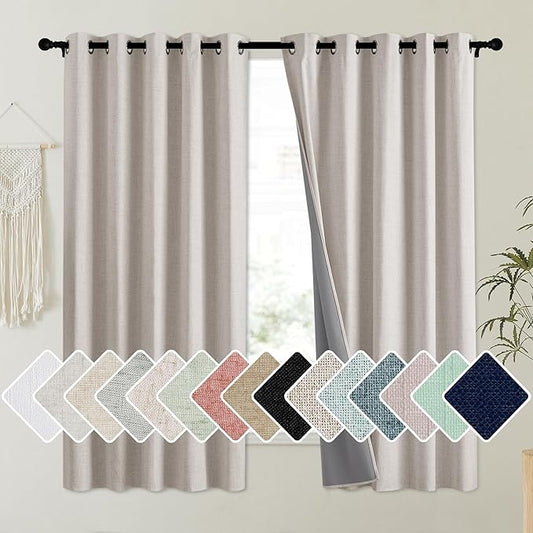 NICETOWN Brich Vintage Open Linen Weave Flax Thermal Curtains, 100% Blackout Curtains 63" Long for Dining Room, Soundproof Window Treatment Drapes for Dorm Room, 62" Wide Per Panel, Set of 2