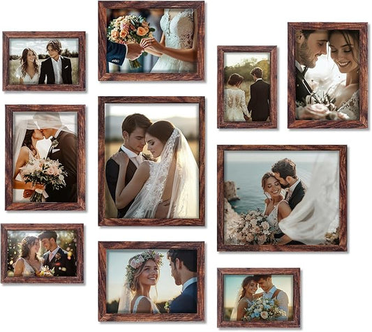 Fixwal Picture Frames, 10 Pack Wooden Collage Picture Frame Set for Wall Gallery Decor, Hanging or Tabletop Display Multi Sizes Photo Frames Including 8x10, 5x7, 4x6, Brown