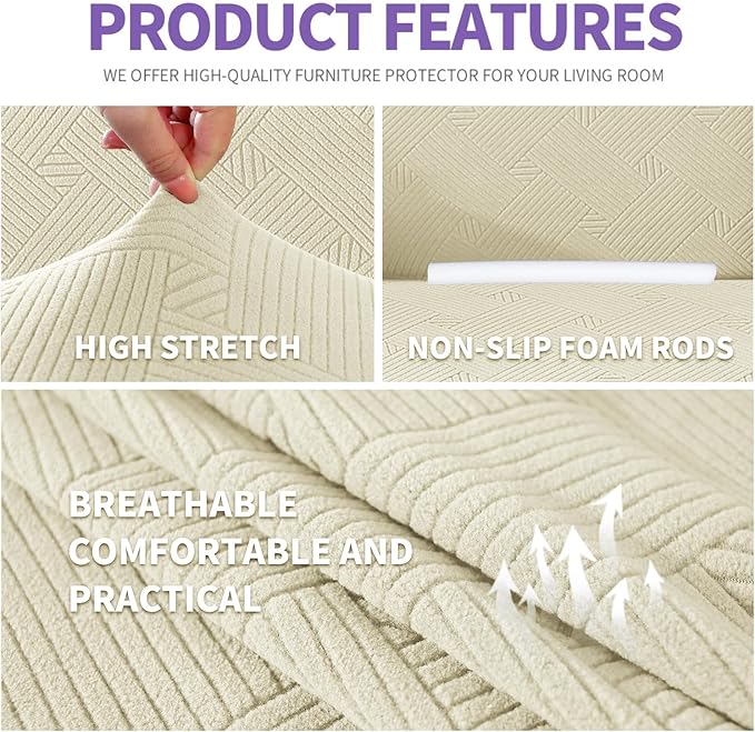 ZNSAYOTX Super Stretch Loveseat Covers (57"-70"), New Striped Love Seat Slipcover, Dogs Pet Friendly Anti-Slip Couch Protector Spandex Durable 2 Seater Fabric Sofa Cover (Beige, Loveseat)