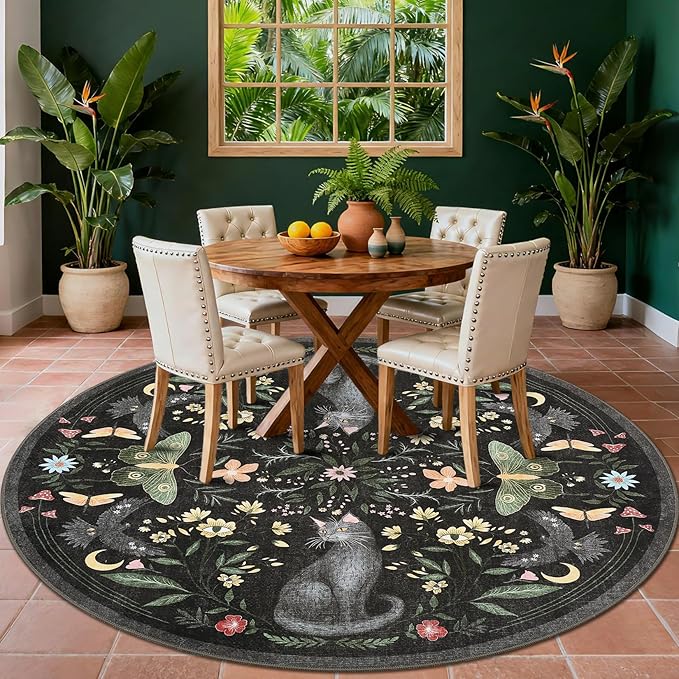 GarveeHome Round Area Rugs 5ft for Bedroom, Cat Black Washable Circle Rug Soft Non Slip Mushroom Floral Floor Mat Carpet Indoor Thin Rug for Bedroom Dining Room Playroom Nursery Gothic Decor