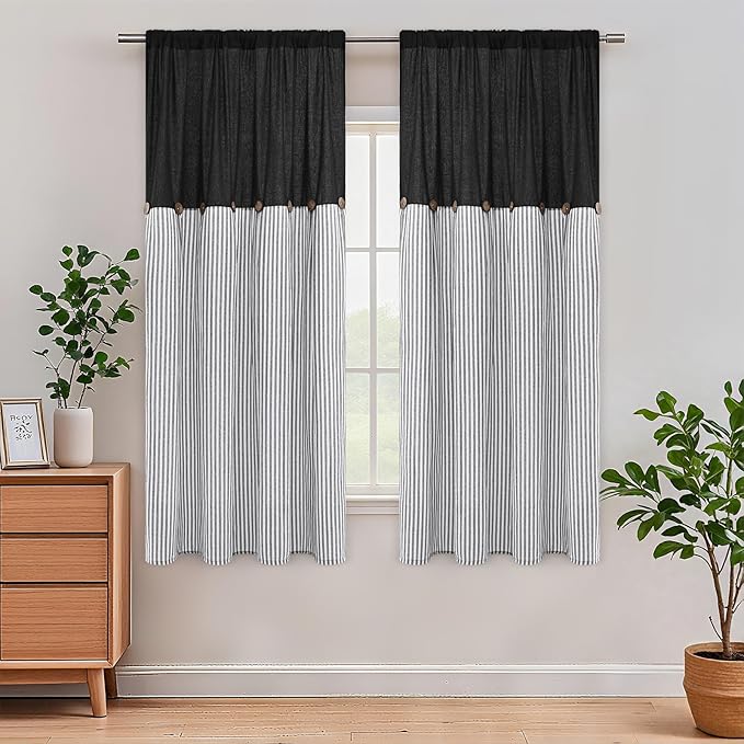 ASPMIZ Cotton Linen Farmhouse Living Room Curtains Boho Rustic Window Curtain Panels, Black with Grey Stripe Country Curtains for Bedroom, Back Tab Modern Drapes for Windows 52 x 63 Inch, 2 Panels
