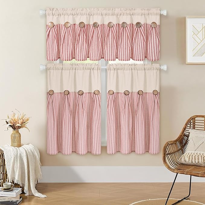 ASPMIZ Farmhouse Cotton Linen Valances for Windows, Boho Kitchen Curtains Valances with Rustic Button, Orange Stripe Window Treatments Curtain Valance for Bathroom Cafe, 52 x 18 Inch, 1 Pannel
