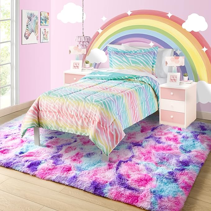 Noahas 5x8 Fluffy Rainbow Rug for Girls Bedroom,Soft Hot Pink and Purple Tie-Dyed Kids Room Rug,Shaggy Area Rugs for Living Room,Fuzzy Colorful Playroom Nursery Rugs Room Decor
