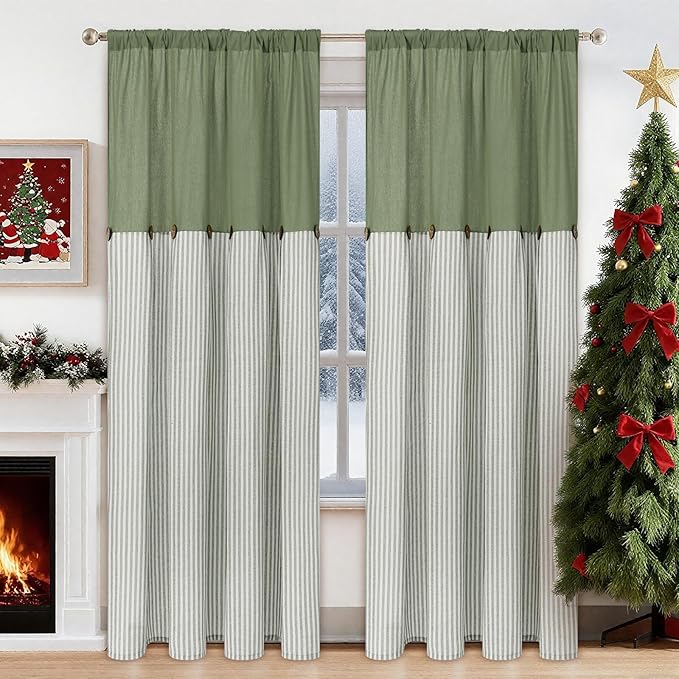 ASPMIZ Cotton Linen Curtains for Living Room, Rod Pocket & Back Tab Boho Curtains for Bedroom Green, Country Farmhouse Striped Curtain with Rustic Buttons, Home Decor, 52 x 84 Inch, 2 Panels