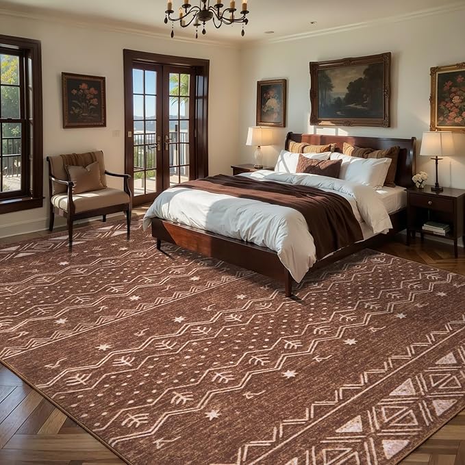 SERISSA 8x10 Area Rugs for Living Room, Washable Non-Slip Coffee Brown Boho Rug, Soft Low-Pile Geometric Indoor Large Carpet for Dining Room Bedroom Home Office Playroom