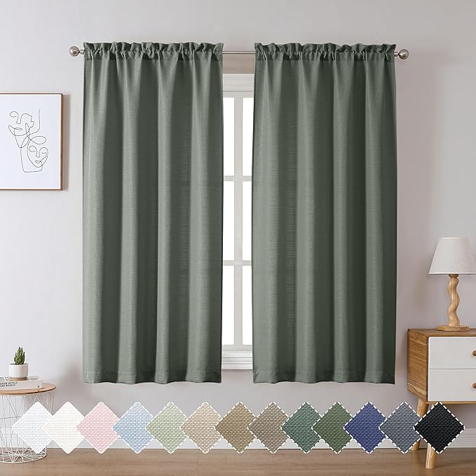 Chyhomenyc Bennet Olive Green Curtains 63 Inch Length 2 Panels, Faux Linen Textured Semi Sheer Light Filtering Soft Airy Rod Pocket Window Treatment Drapes for Living Room Bedroom, Each 40" Wx63 L