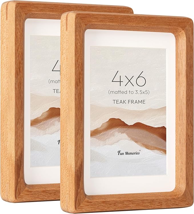 4x6 Picture Frame Set of 2, USA-Sourced Teak Wood Photo Frames with HD Tempered Glass, Handcrafted Rounded Corner 4 x 6 Wooden Frame Matted to 3.5x5 Photos, 4x6 Frames, Tabletop or Wall Display