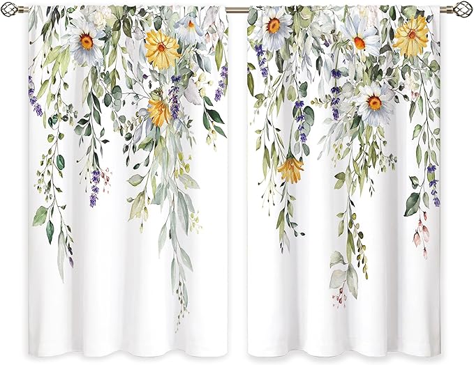 Eucalyptus Daisy Sunflower Botanical Leaves Floral Small Kitchen Curtains Flower Window Treatment Wildflower Plant Cafe Short Window Curtains for Bathroom Room Tier Treatment Drape 26x36 inch