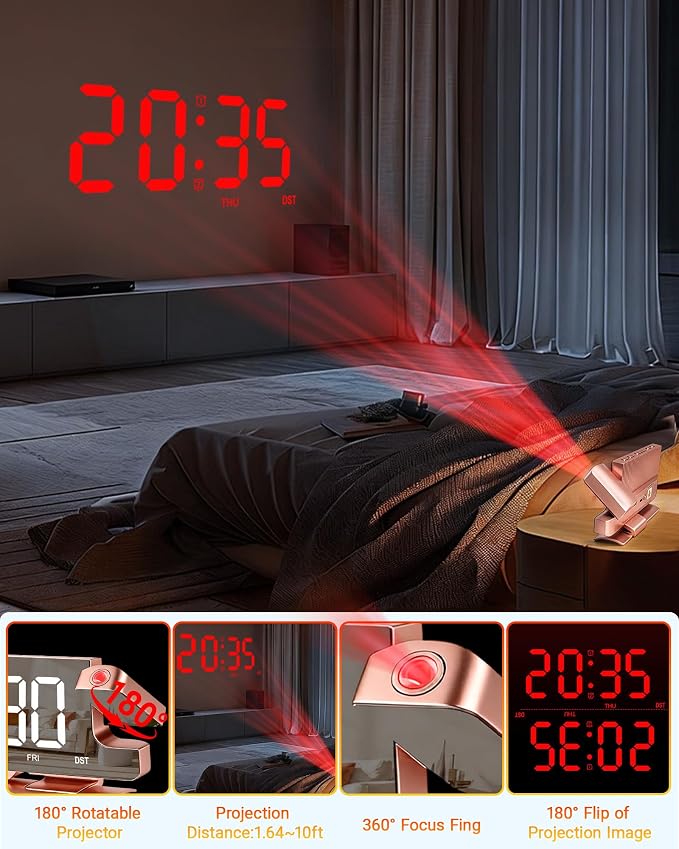 Projection Alarm Clock for Bedroom Ceiling, Pink Room Decor Digital Clock - Image 2